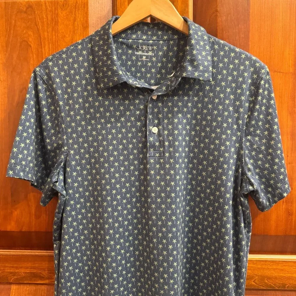 J.Crew Performance Men's Blue Lime Green Palm Tree Print Polo Shirt Medium